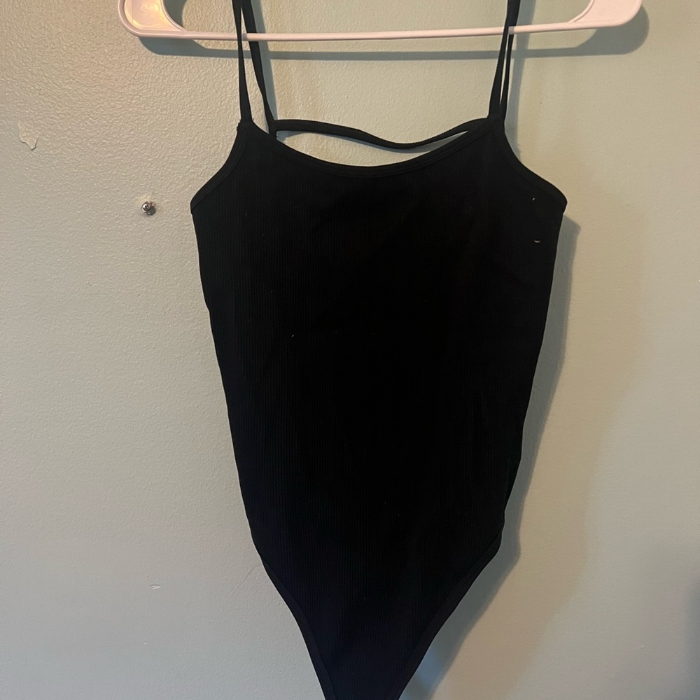 Black Ribbed Strappy Bodysuit - Women Tops